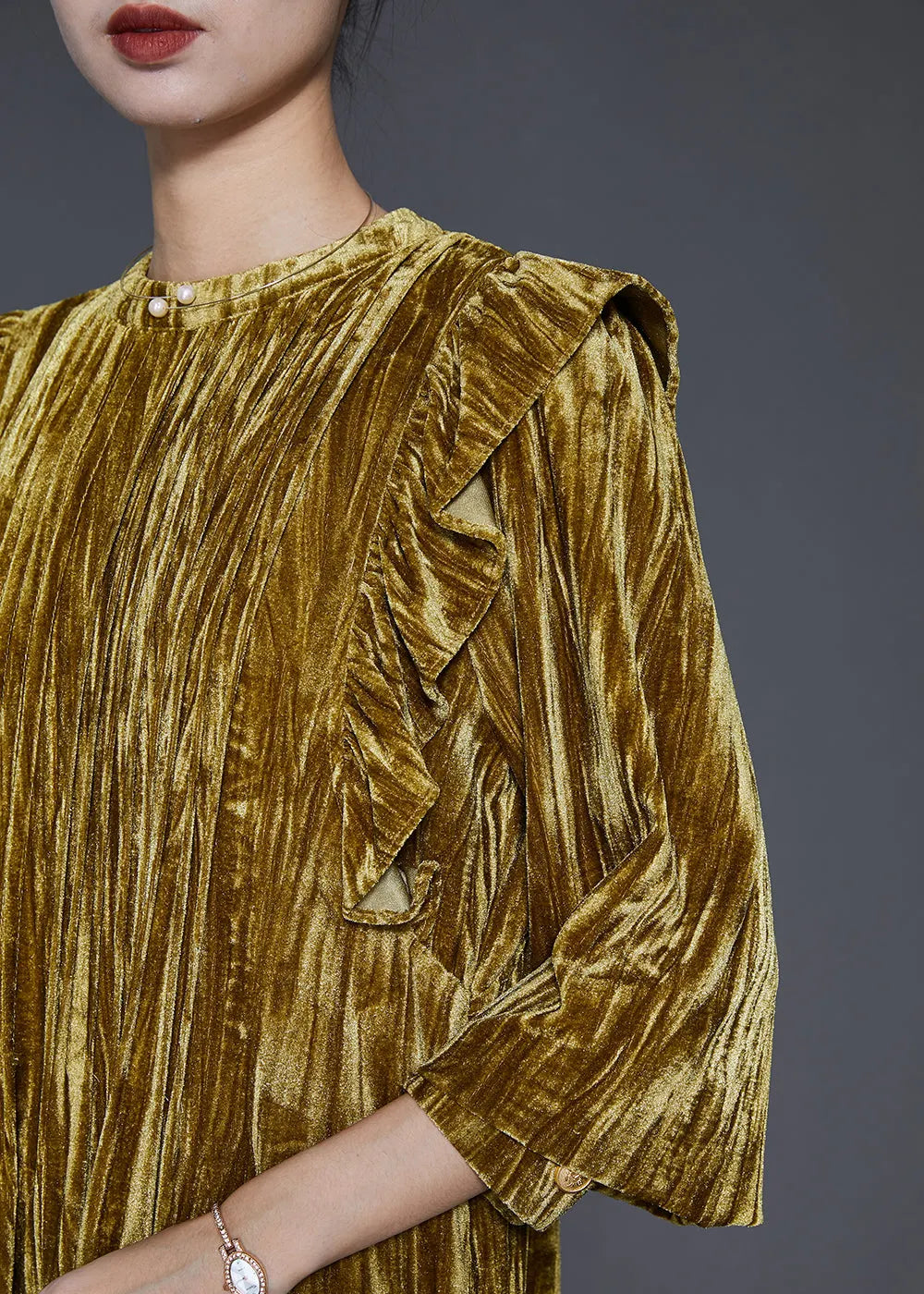 Green Ruffled Wrinkled Silk Velour Holiday Dress Spring