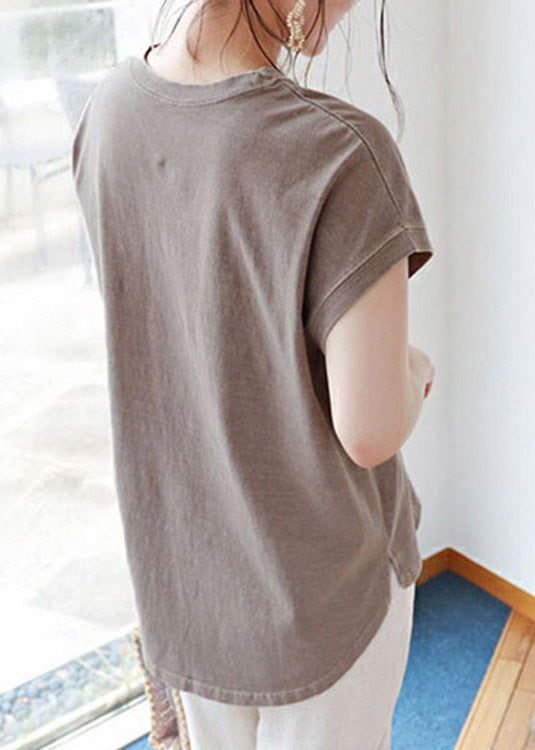 Brief Camel O-neck Side Open Cotton T Shirt Short Sleeve