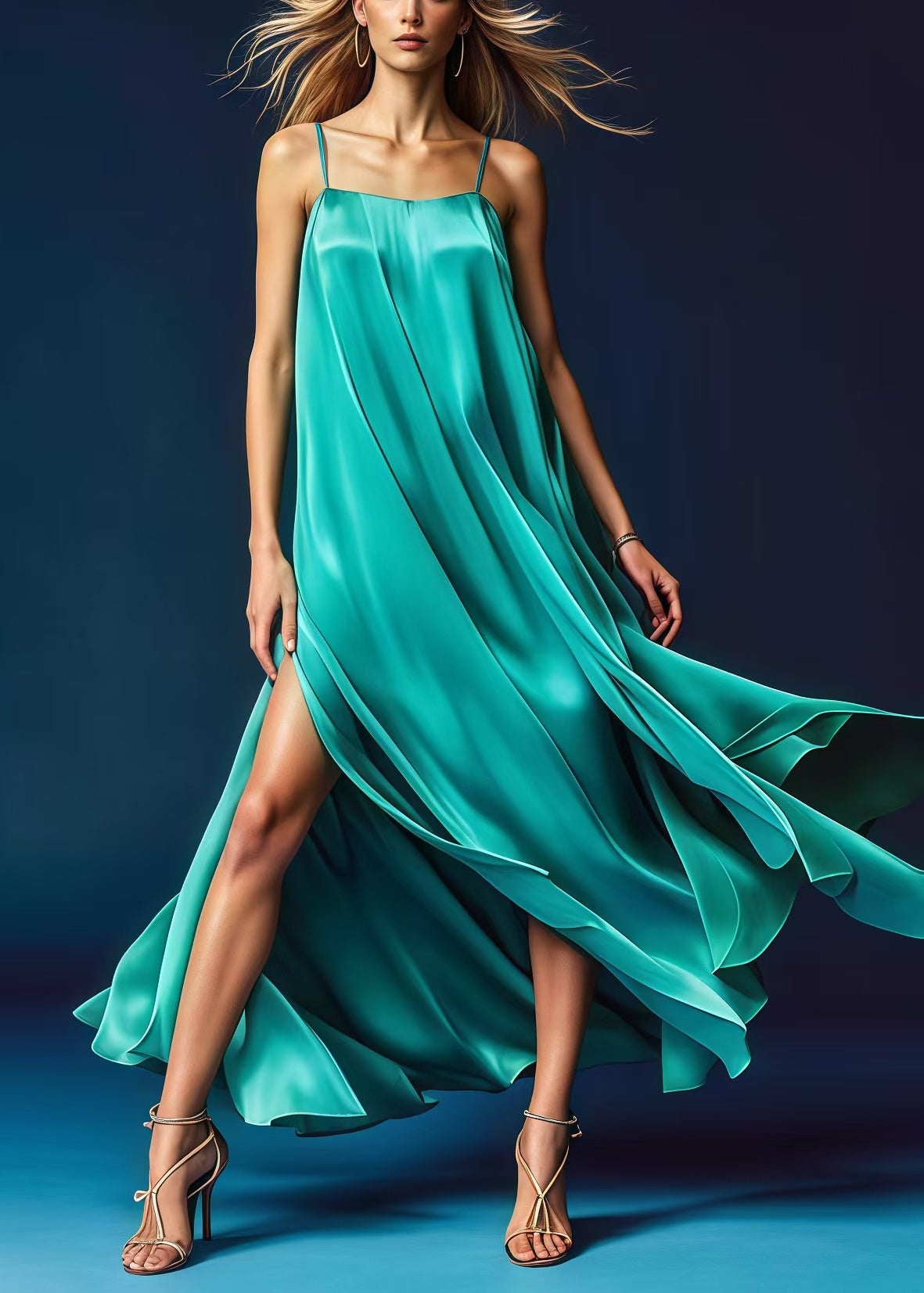 Green Side Open Draping Silk Spaghetti Strap Dress Dresses Summer