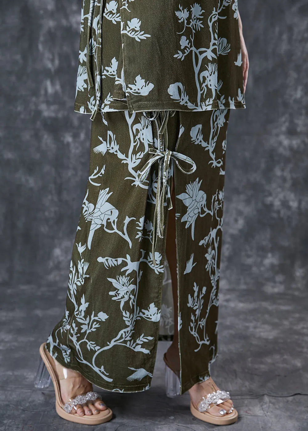 Green Print Lace Up Side Open Silk Velour Two Pieces Set Spring