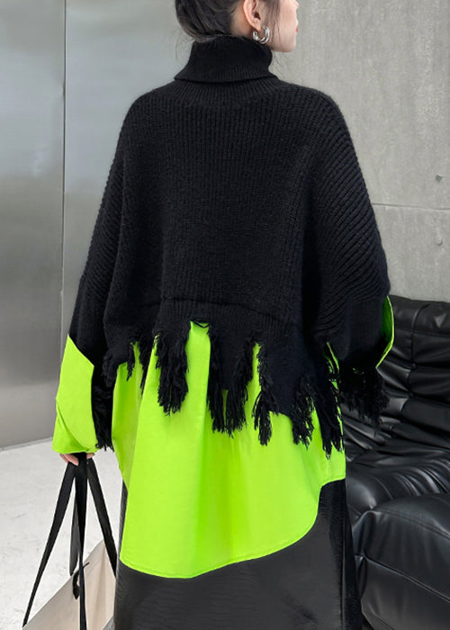 Black Turtleneck Asymmetrical Patchwork Knit Sweater Winter