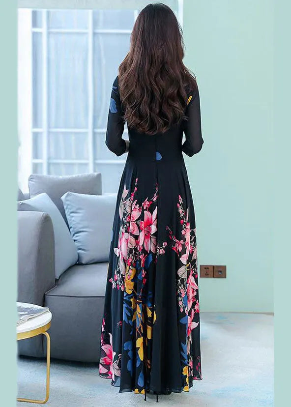 Stylish Black O-neck Print Exra Large Hem Chiffon Dresses Half Sleeve