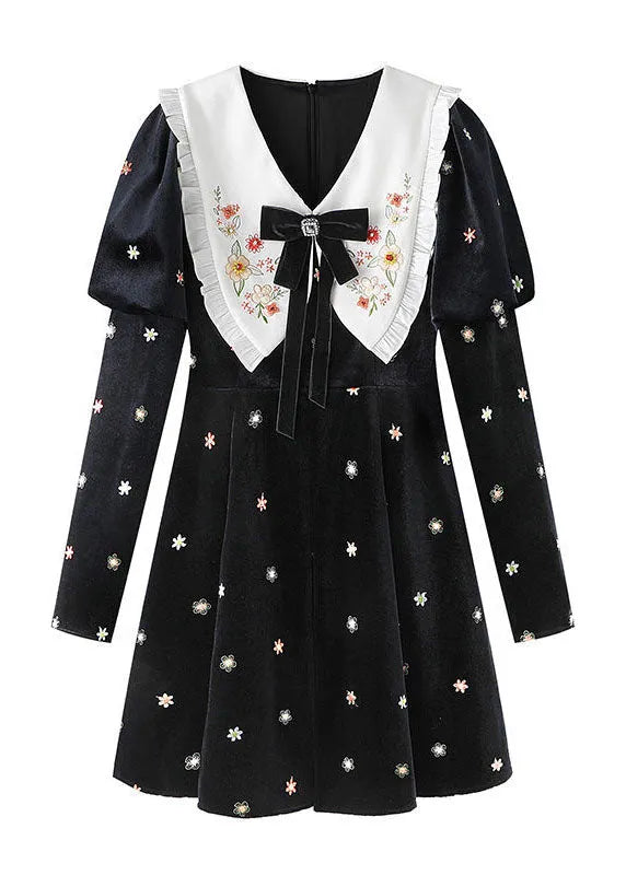Diy Black Bow Collar Embroideried Silk Velour Dresses Spring