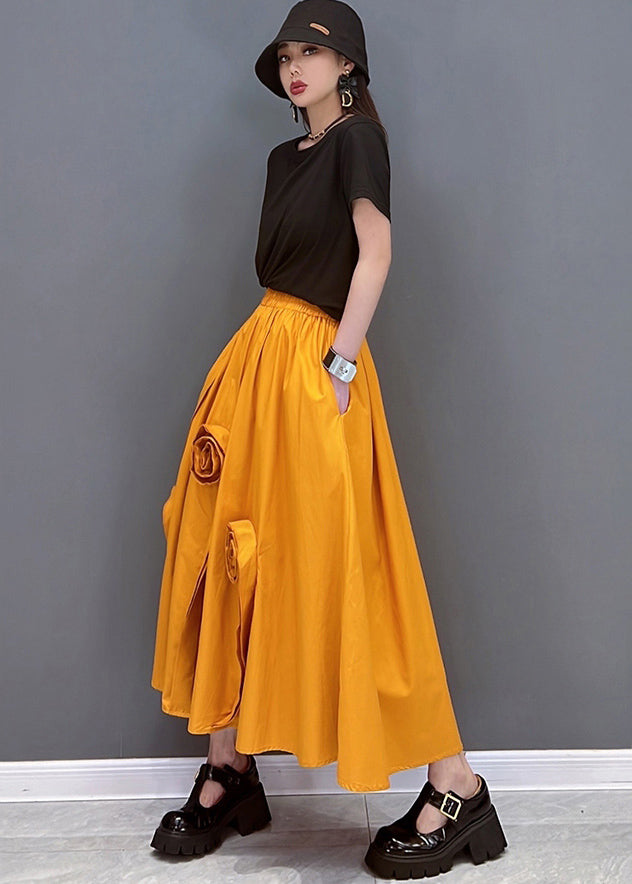 Orange Elastic Waist Pockets Cotton a Line Skirt Summer