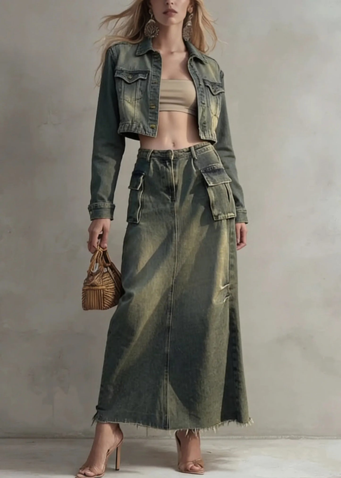 Stylish Peter Pan Collar Coat and Skirts Denim Two Pieces Set Spring