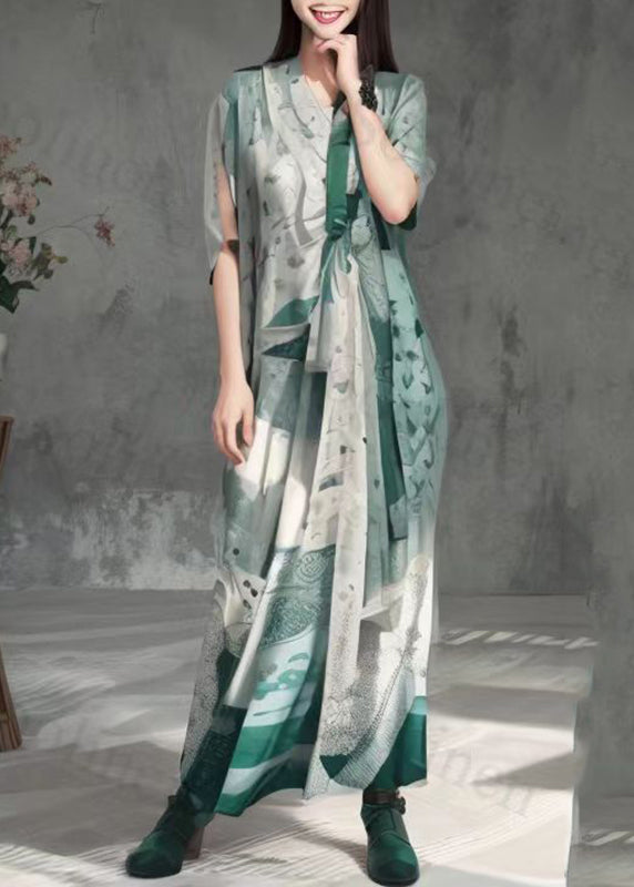 Green V Neck Flattering Asymmetrical Silk Long Dresses Summer