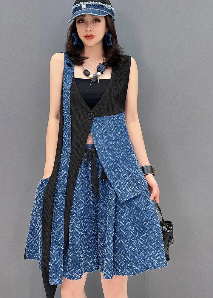 Blue Patchwork Waistcoat and Shorts Two Pieces Set Sleeveless