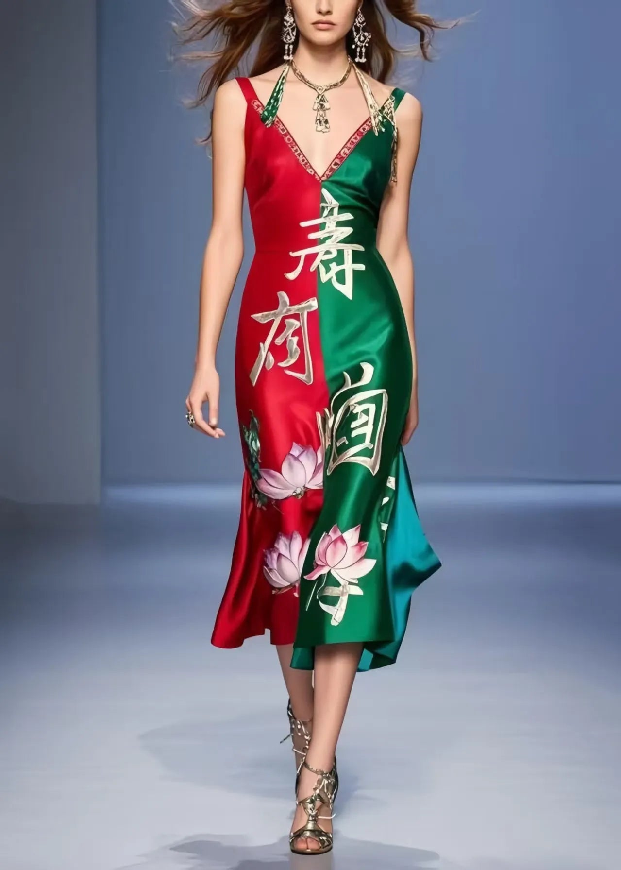New Retro Colorblock V Neck Patchwork Silk Mini Dress Summer