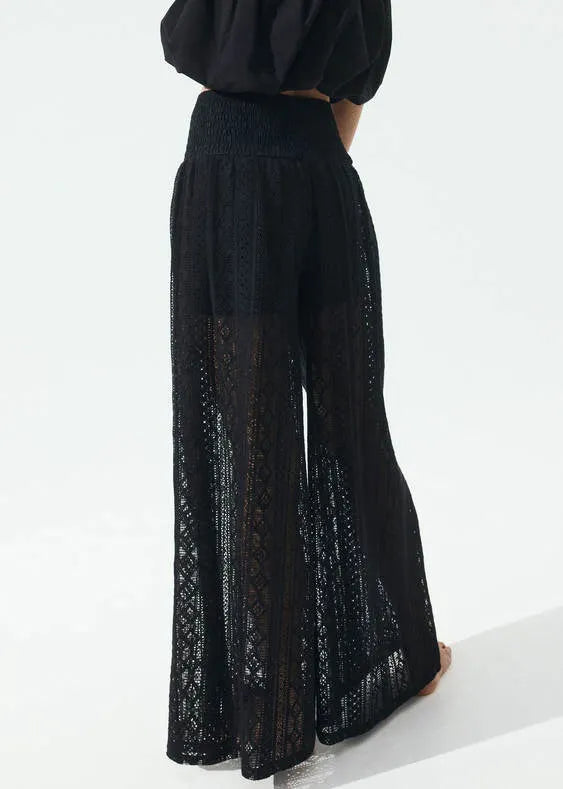 New Black Hollow Out Elastic Waist Lace Wide Leg Pants Summer