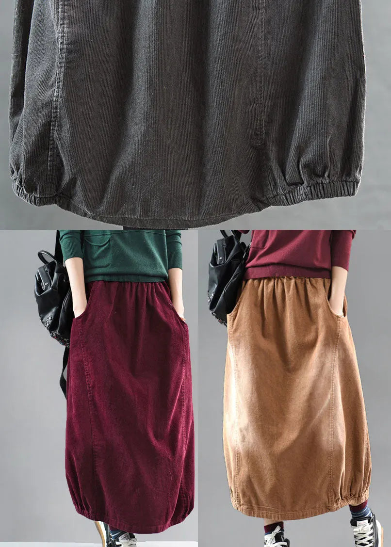 Brown Elastic Waist Corduroy Cotton Skirt Spring