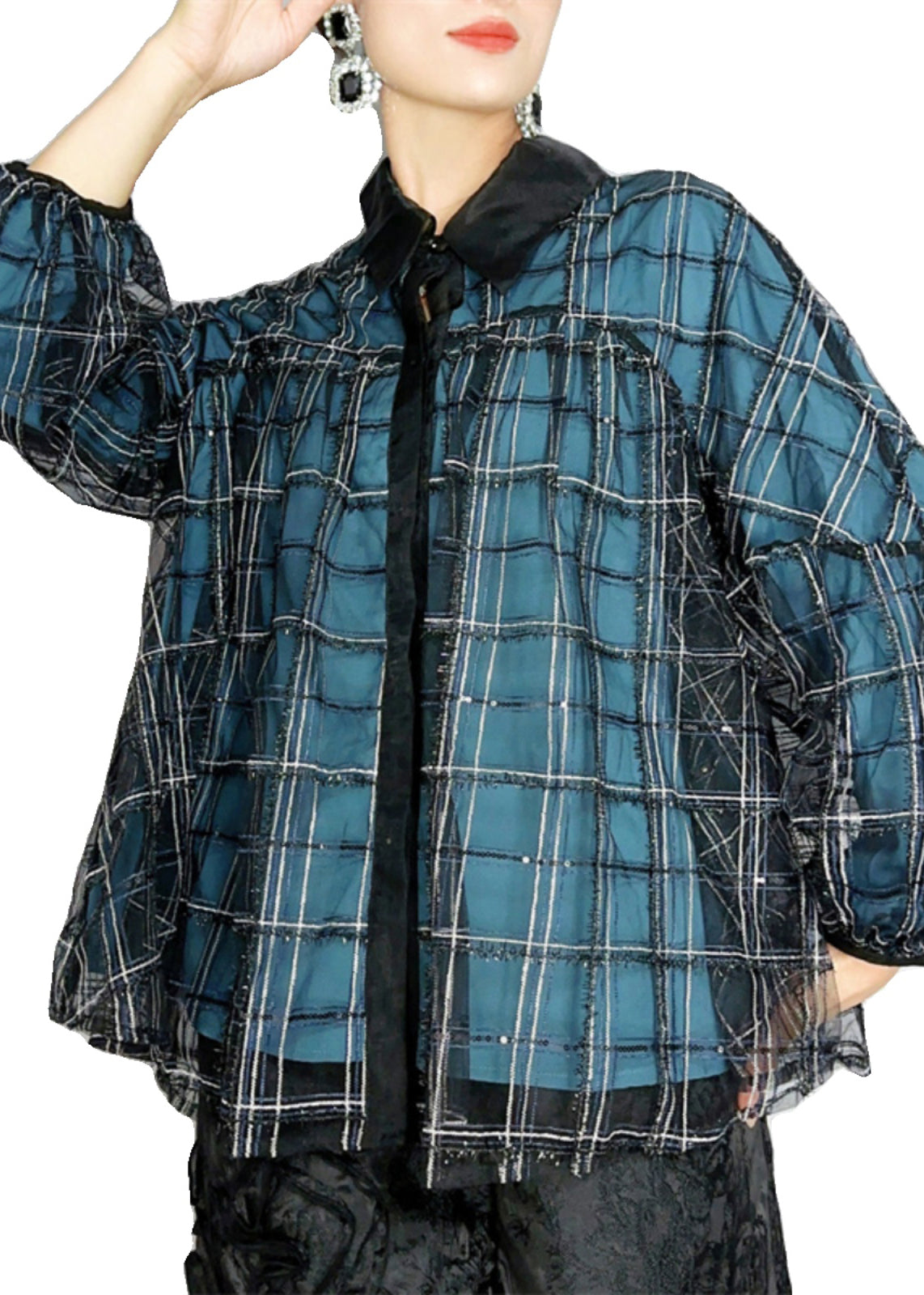 Blue Peter Pan Collar Plaid Button Tulle Shirts Spring