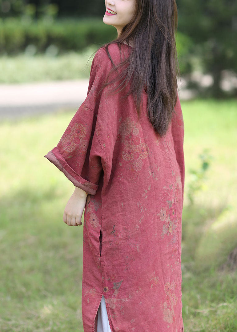 Boutique Red O-neck Oversized Print Linen Dress Spring