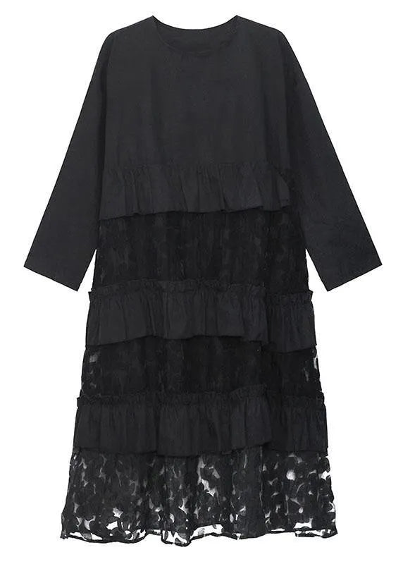 Black Ruffles Pockets Fall Lace Dresses