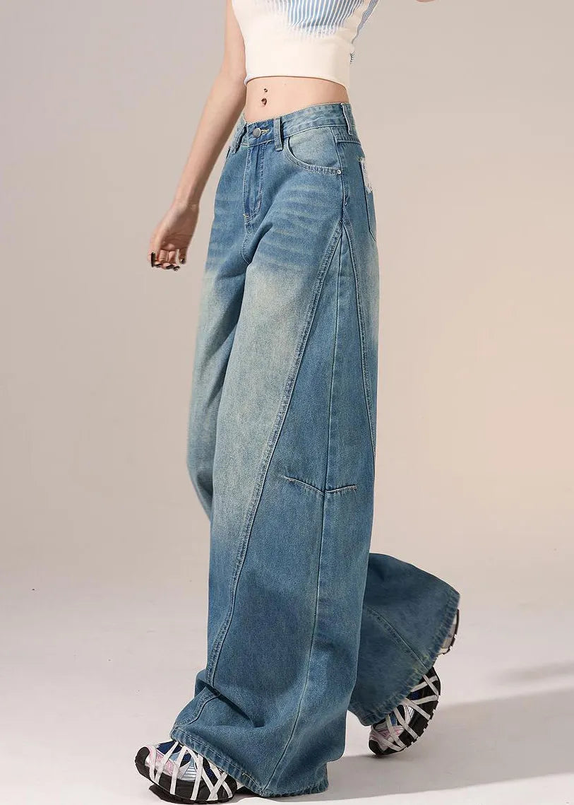 French Blue Pockets Lace Patchwork Denim Pants Spring