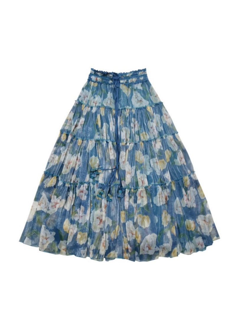 Blue Wrinkled Print Lace Up Exra Large Hem Silk Skirt Spring