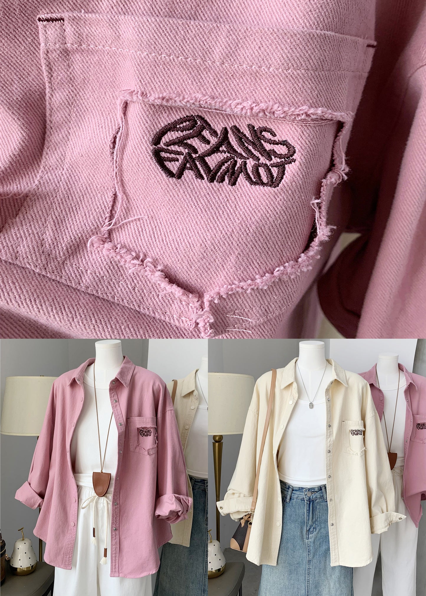 Loose Pink Peter Pan Collar Button Denim Blouse Top Fall