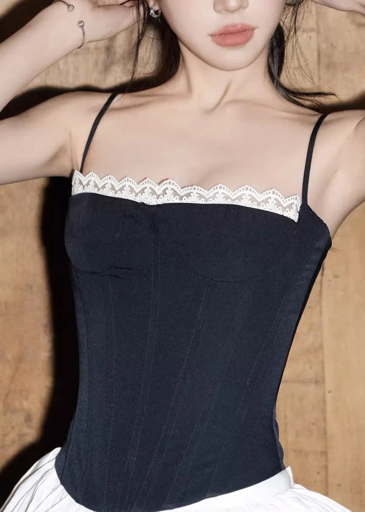 Slim Fit Black Lace Spaghetti Strap Tank and White Skirts Cotton Two Pieces Set Sleeveless