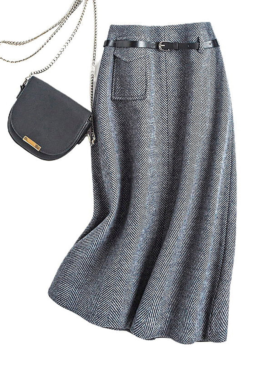 Natural Dark Grey High Waist Woolen a Line Skirts Spring