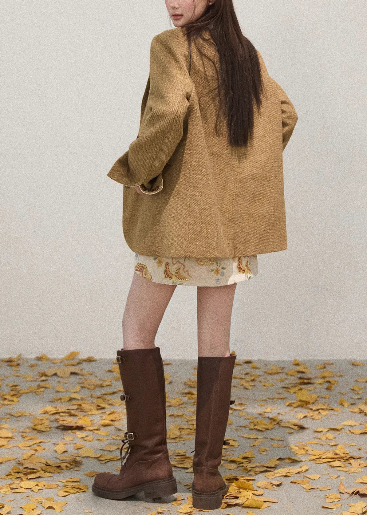 Art Khaki Notched Embroidered Cotton Coat Fall