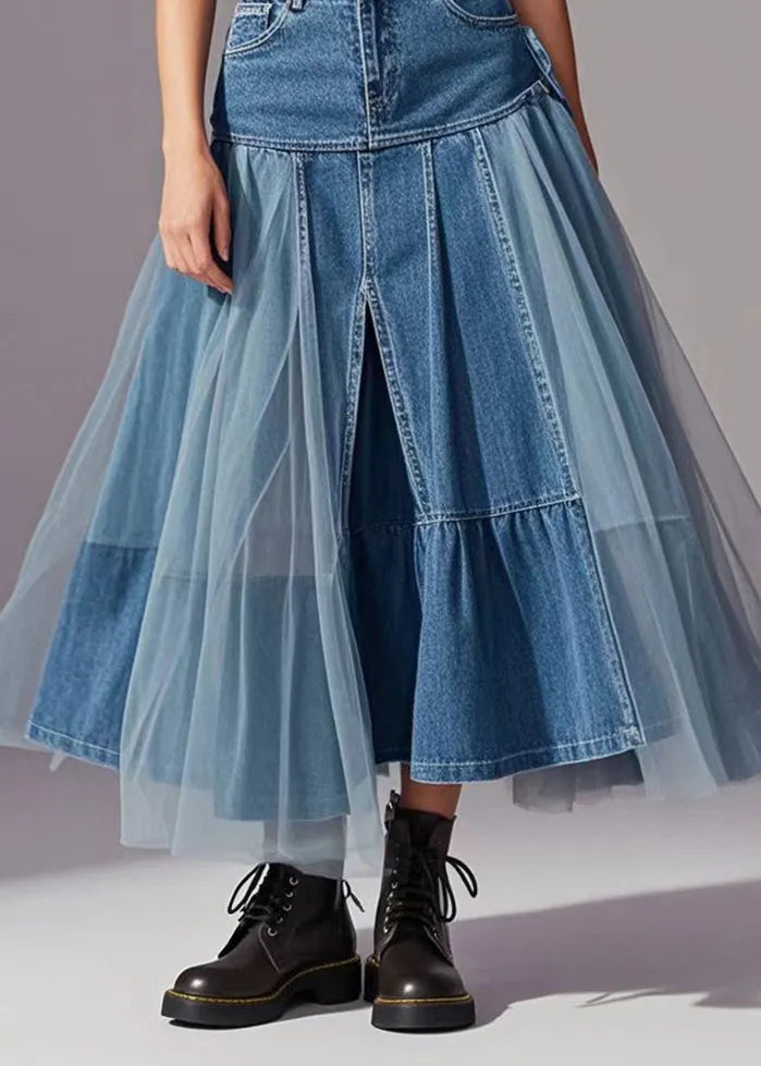 Blue Tulle Patchwork Exra Large Hem Denim Skirts Spring