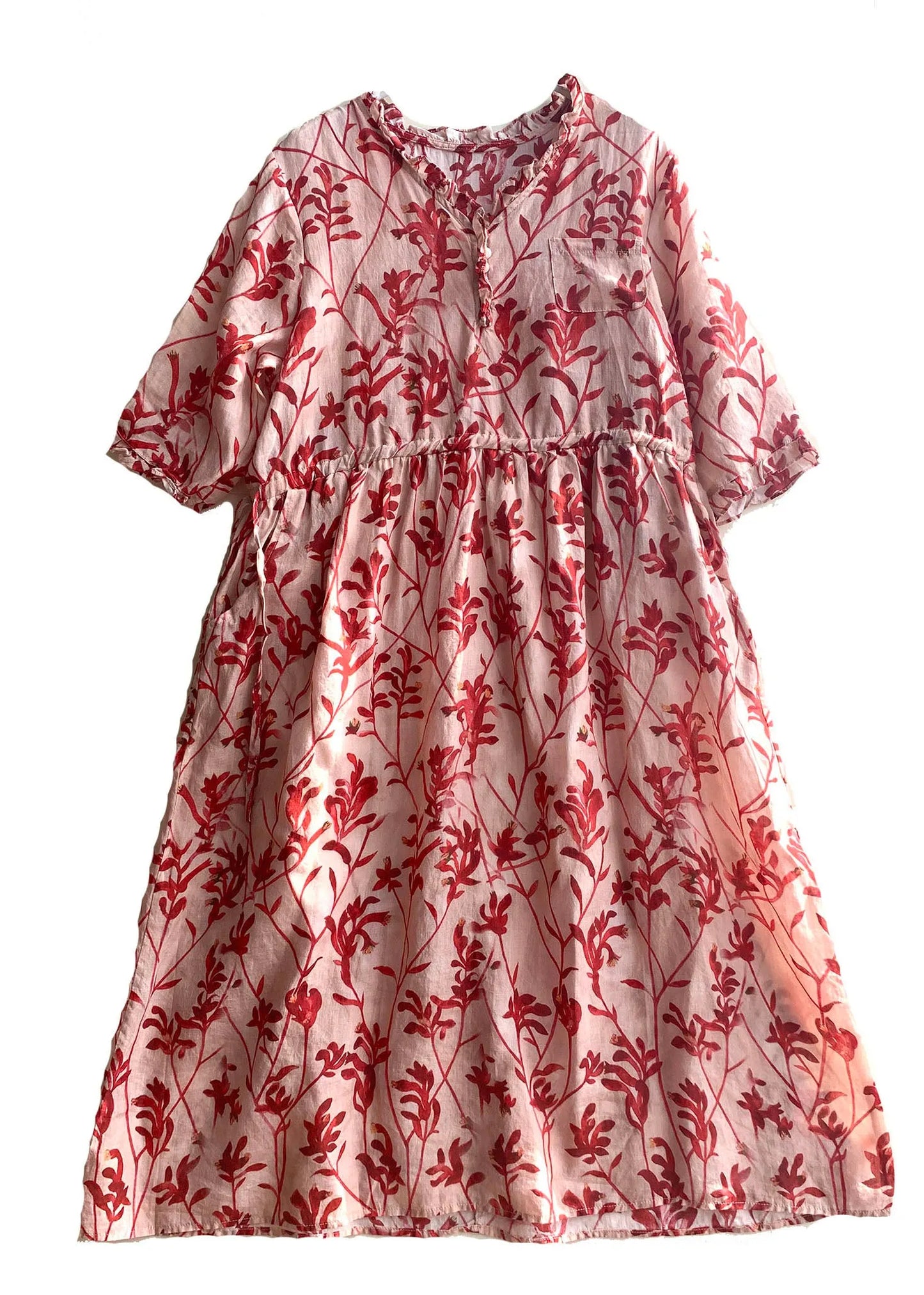 Diy Red Ruffled Print Linen Holiday Dress Half Sleeve