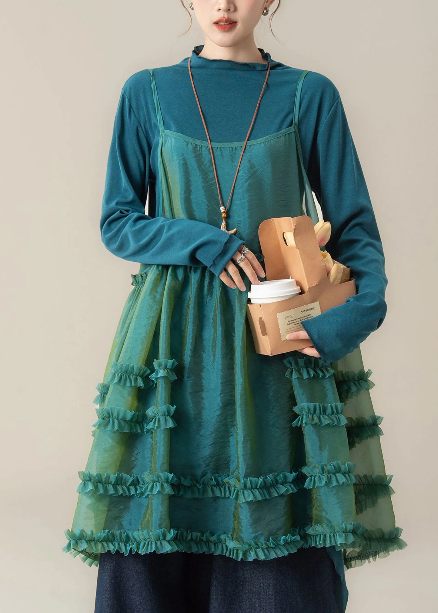 Blue Ruffled Spaghetti Strap Dress T Shirt and Pants Three Piece Suit Set Spring