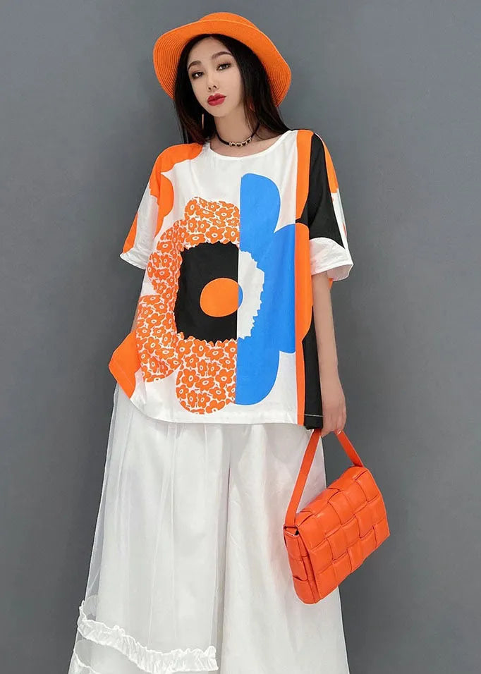 French Orange Print Tulle Patchwork Cotton Tanks and a Line Skirts Two Pieces Set Summer