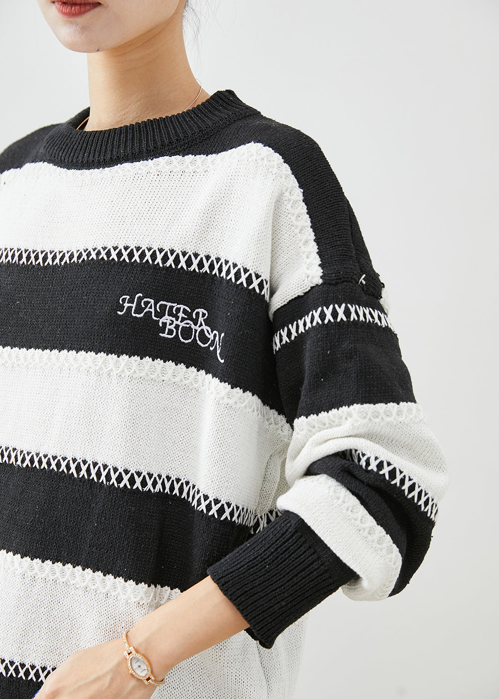 Fitted Black White Striped Letter Embroideried Knitted Tops Winter