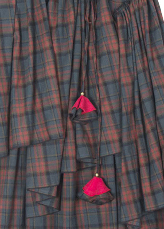 Blue Red Plaid Patchwork Wrinkled Tie Waist Maxi Skirts