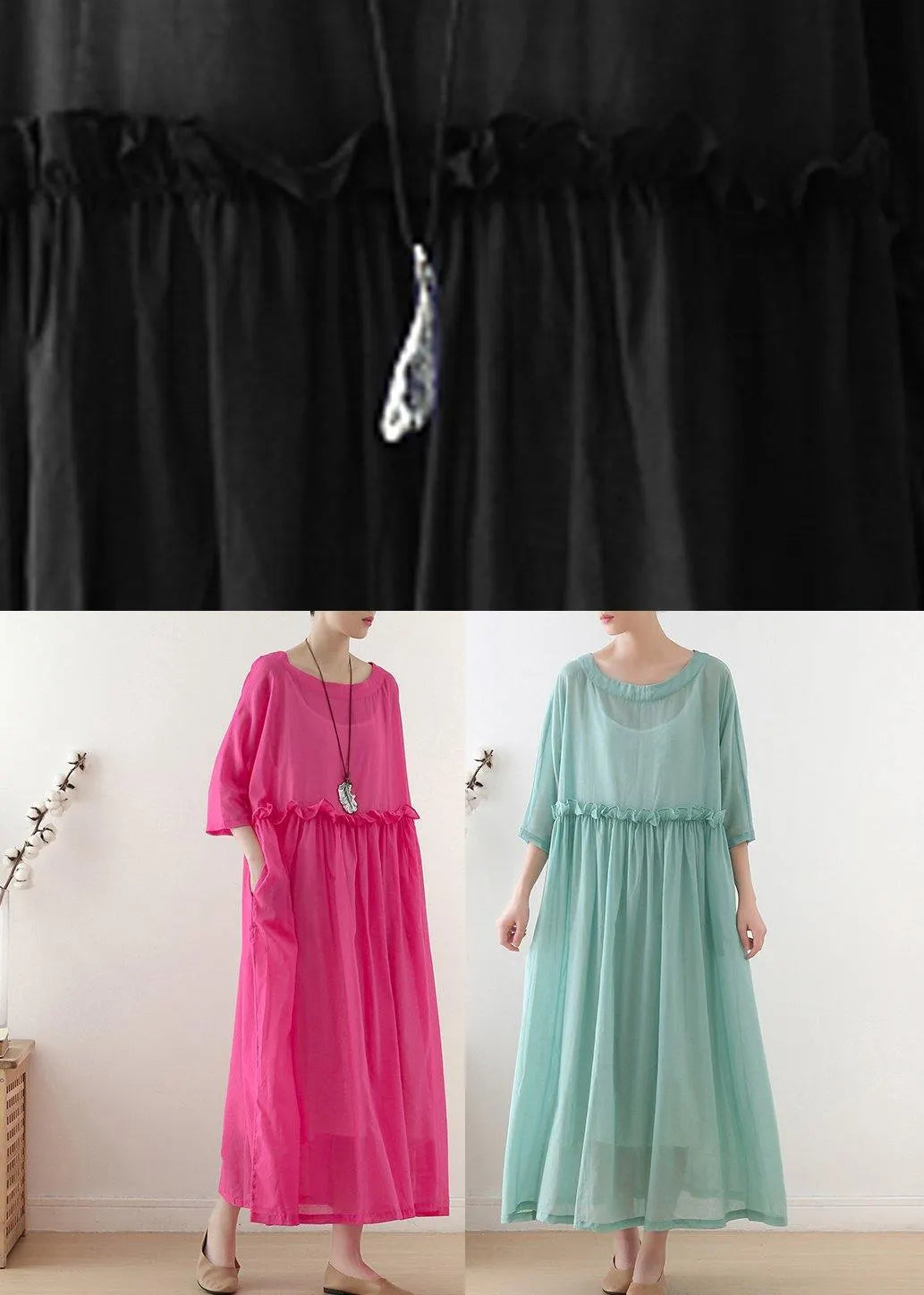 Rose O-neck Ruffled Long Dress Summer Chiffon Dress