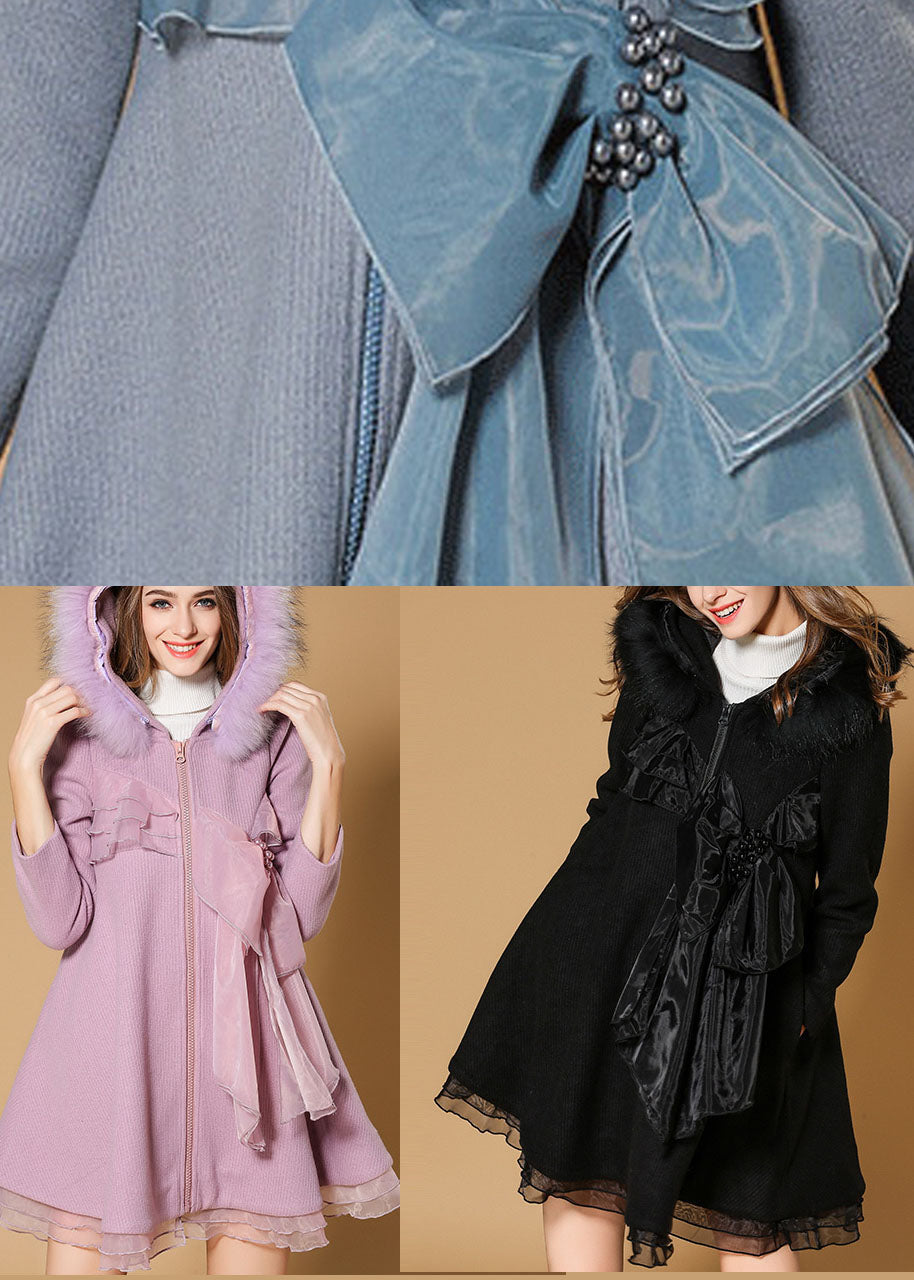 Unique Pink Pockets Slim Fit Fur Collar Fall Woolen Coat