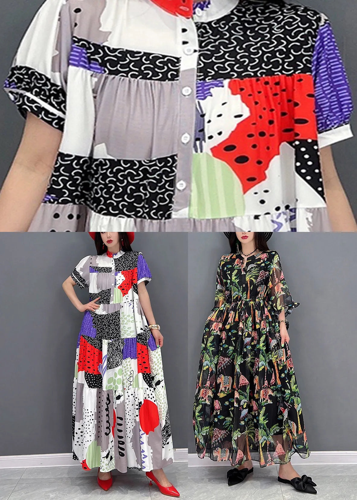 Black O-neck Patchwork Button Chiffon Dresses Short Sleeve