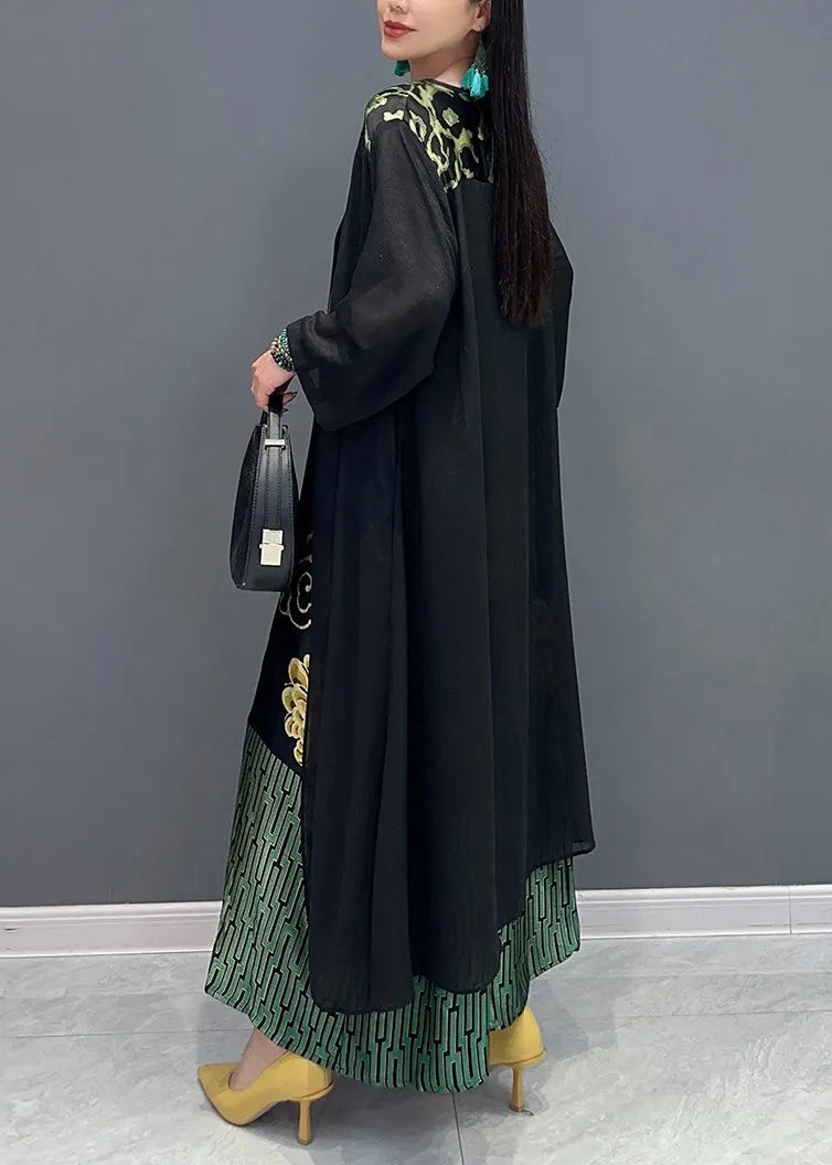 Loose Black V Neck Fake Two Piece Printed Dress for Summer