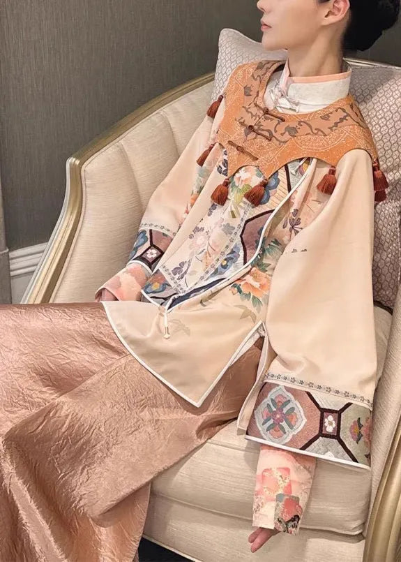 Jacquard White Stand Collar Shirts Cloud Shoulder and Skirts Silk Three Pieces Set Spring