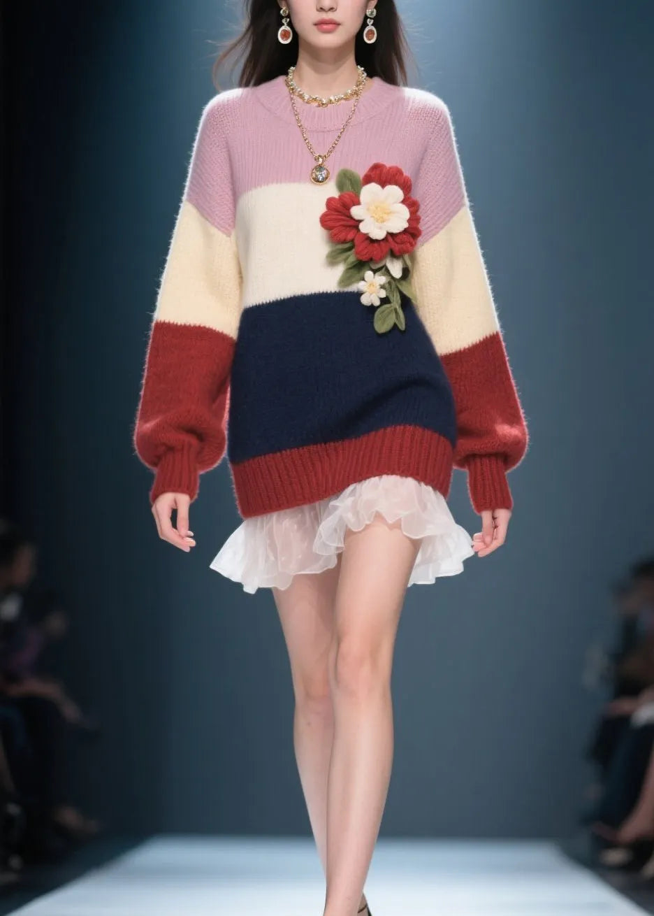 Colorblock O Neck Tulle Patchwork Knit Sweater Dress Fall