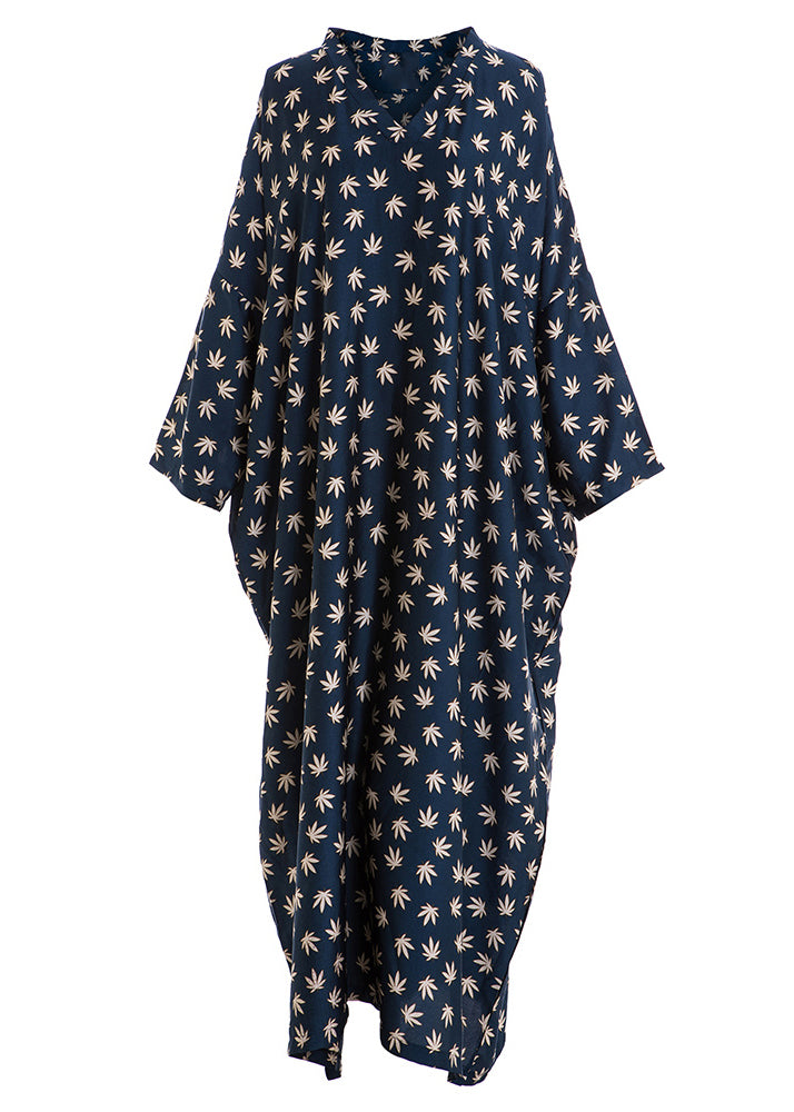 Navy V Neck Print Patchwork Silk Robe Dresses Fall