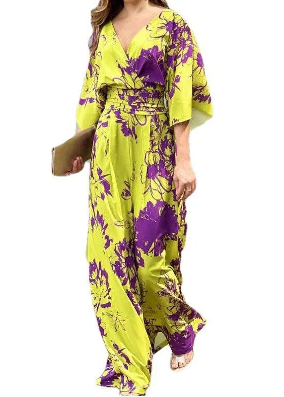 Yellow V Neck Print Cotton Jumpsuit Summer