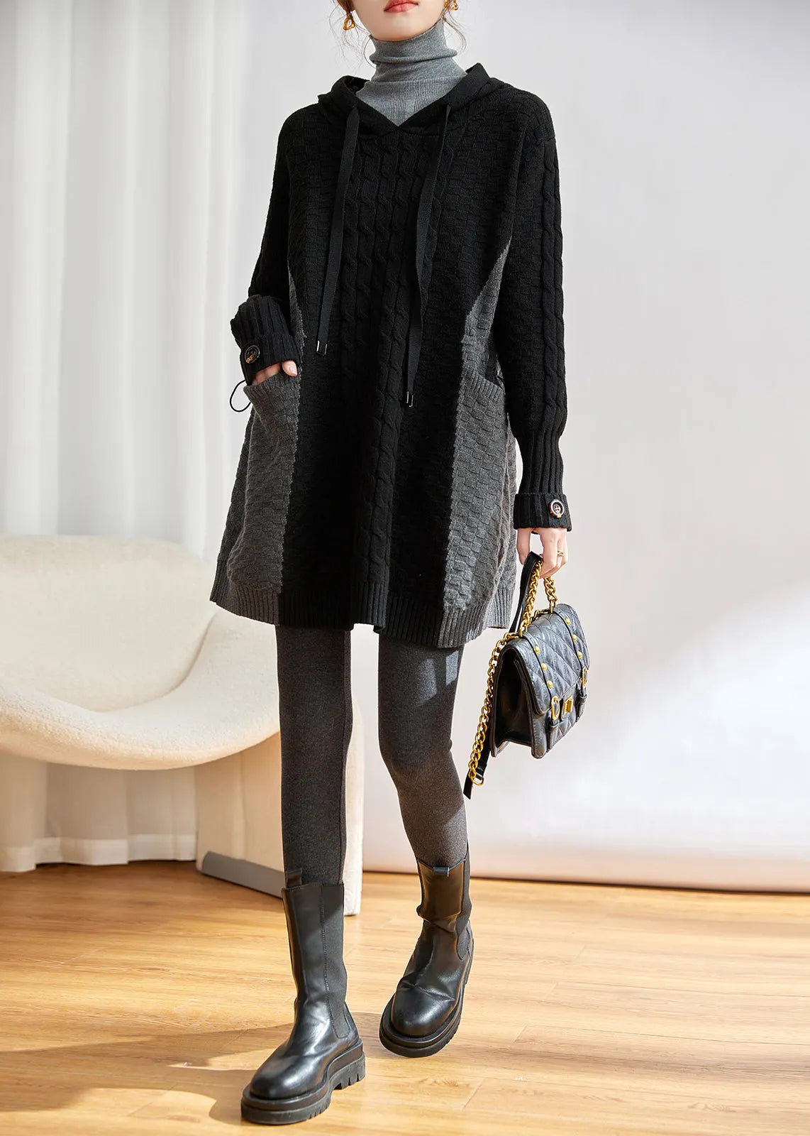 Style Black Hooded Patchwork Knit Pullover Dress Winter
