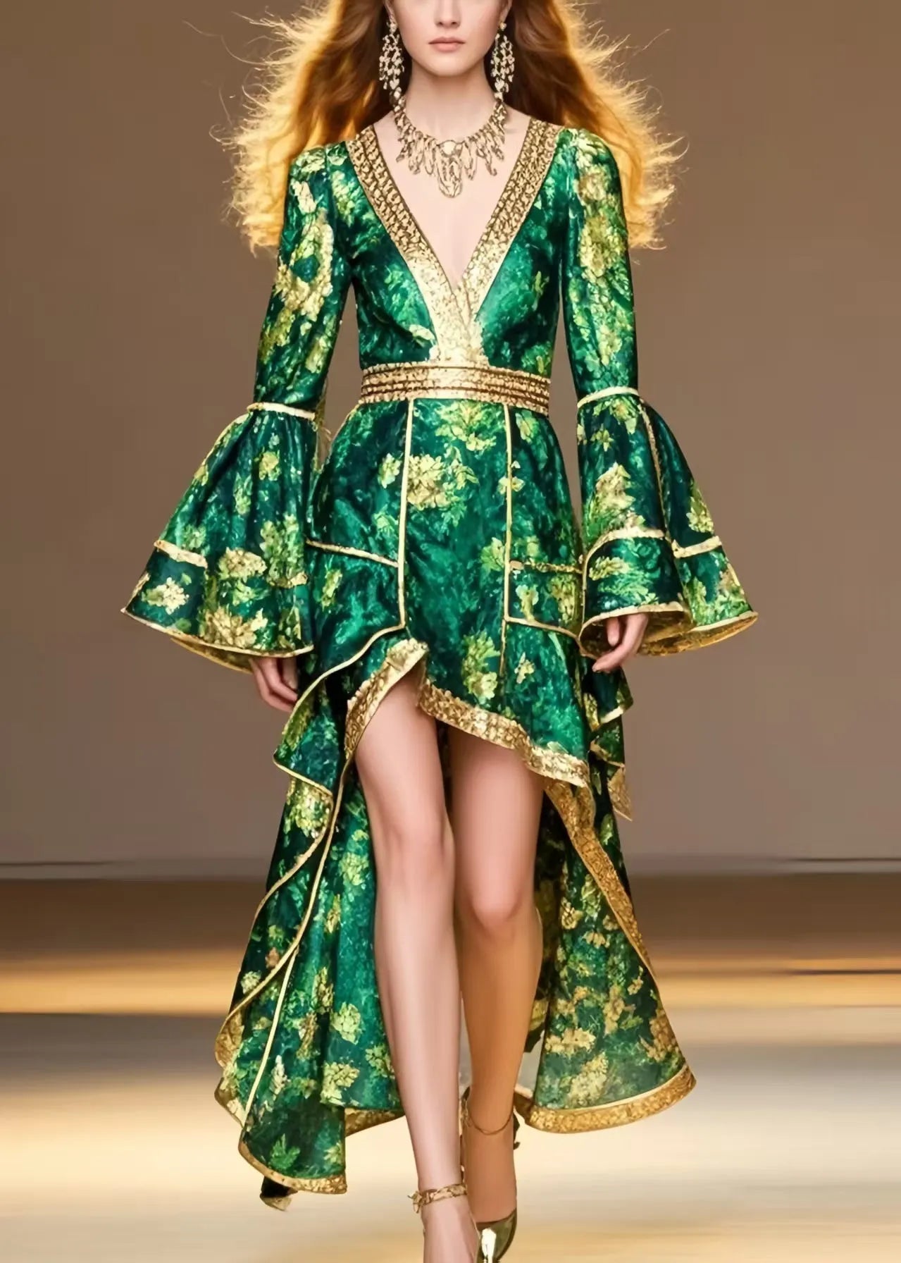 Style Tea Green Print Low High Design Chiffon Party Dress Flare Sleeve