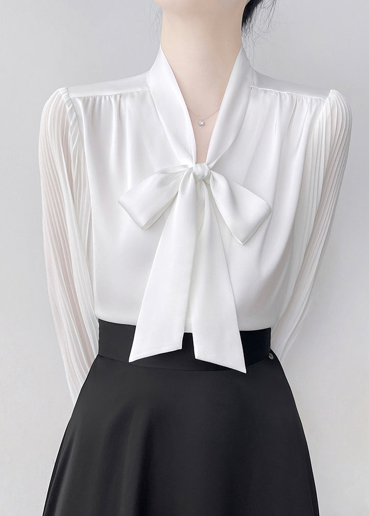 White Bow Draping Chiffon Pleated Shirts Spring