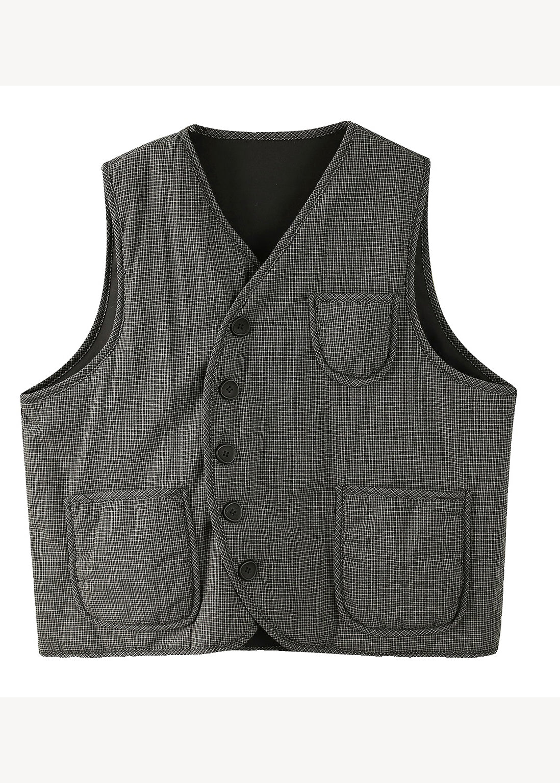 Black V Neck Plaid Pockets Fine Cotton Filled Vest Sleeveless