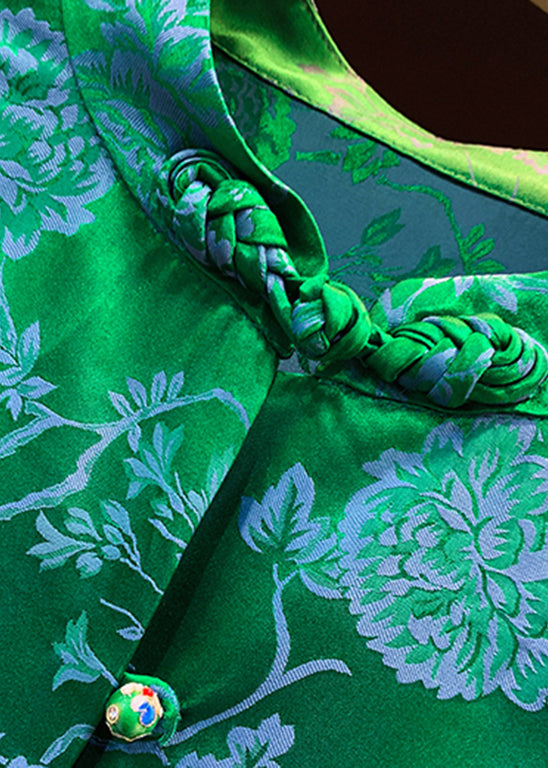 Green Stand Collar Button Jacquard Silk Shirt Lantern Sleeve