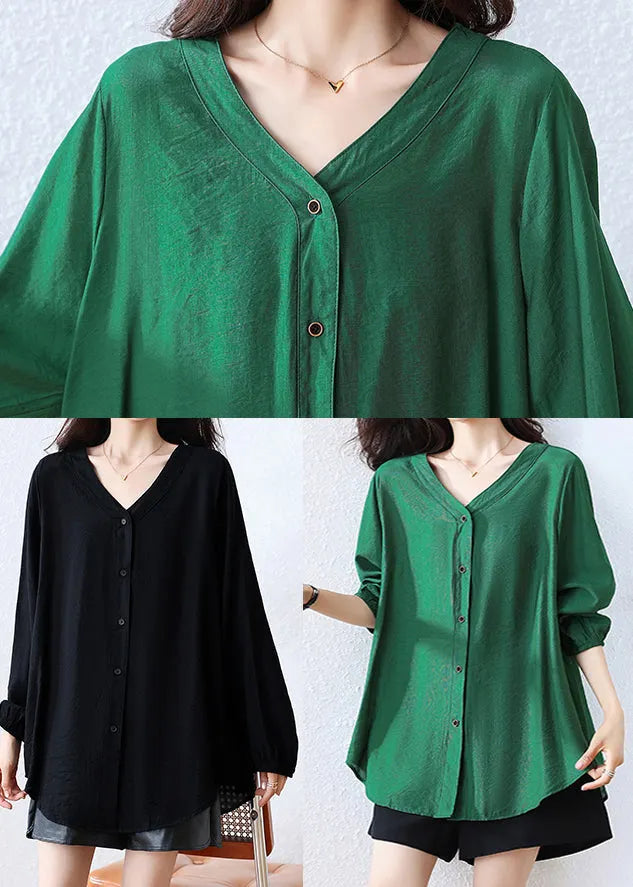 Tea Green Cotton Shirt V Neck Oversized Fall