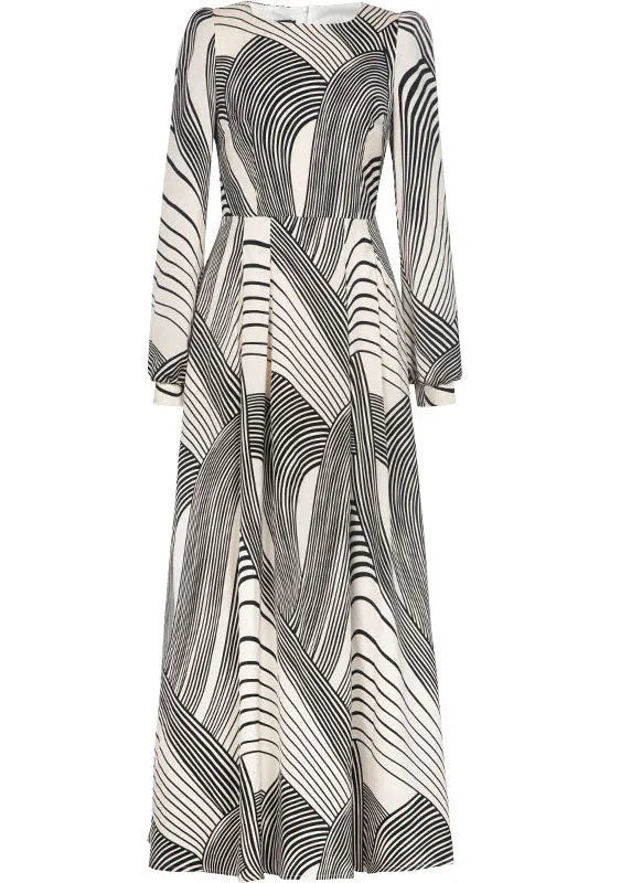 Stylish White O-neck Striped Exra Large Hem Chiffon Cinch Dress Spring