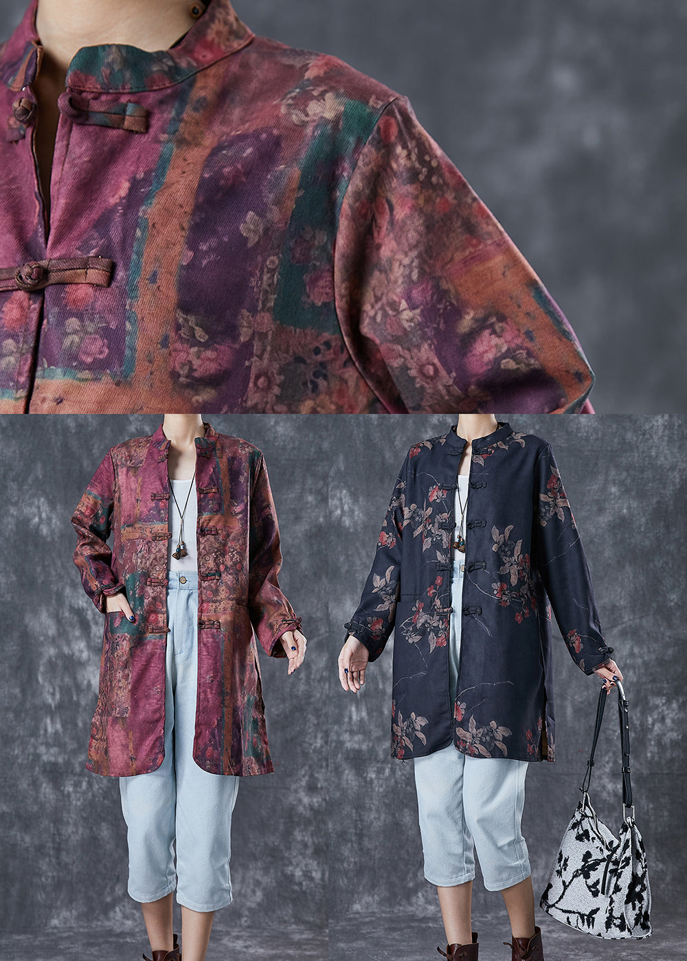 Black Tie Dye Chinese Button Linen Blouses Fall