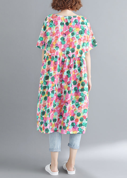 French O-neck Cinched Dot Print Low High Design Dress Short Sleeve