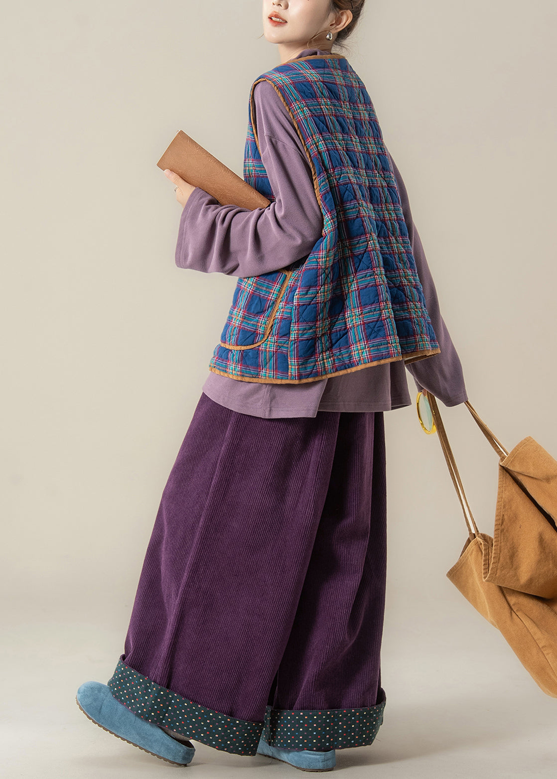 Loose Blue Plaid Lace Up Cotton Filled Waistcoat and Purple Wide Leg Pants Three Pieces Set Sleeveless