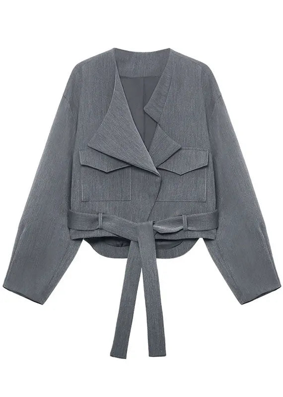 Unique Grey Loose Pockets Tie Waist Fall Long Sleeve Coat