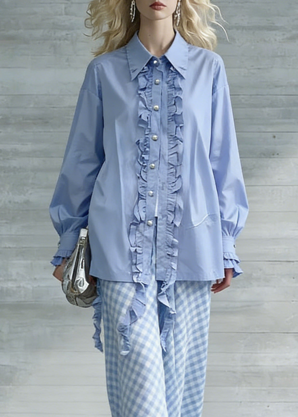 Boutique Blue Ruffled Button Cotton Blouses Spring
