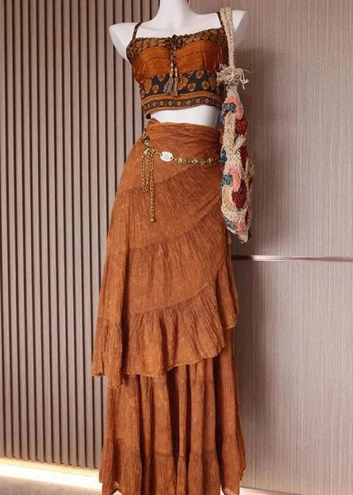 Brown Print Tank and Skirts Cotton 2 Piece Outfit Sleeveless